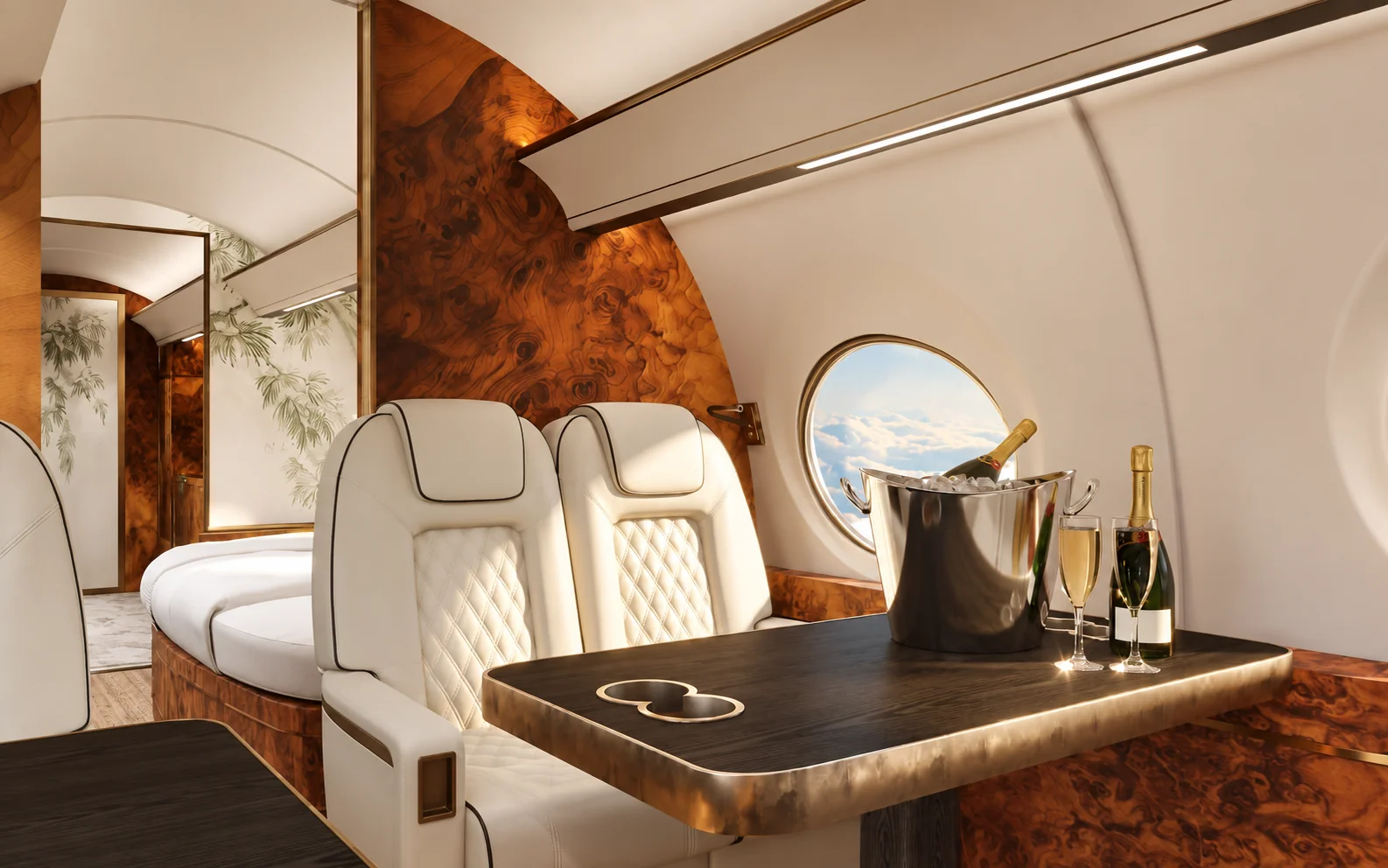 Private jet cabin with cream leather seating and warm wood finishes